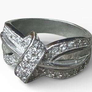 Sparkling Sterling Silver 925 Tone Bow Ring With Pave CZ Stones Size 7.75